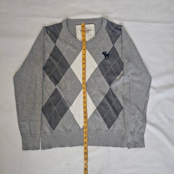 Abercrombie & Fitch Gray Argyle Moose Logo V-Neck Pullover Sweater Men's Size XL - Picture 9 of 9